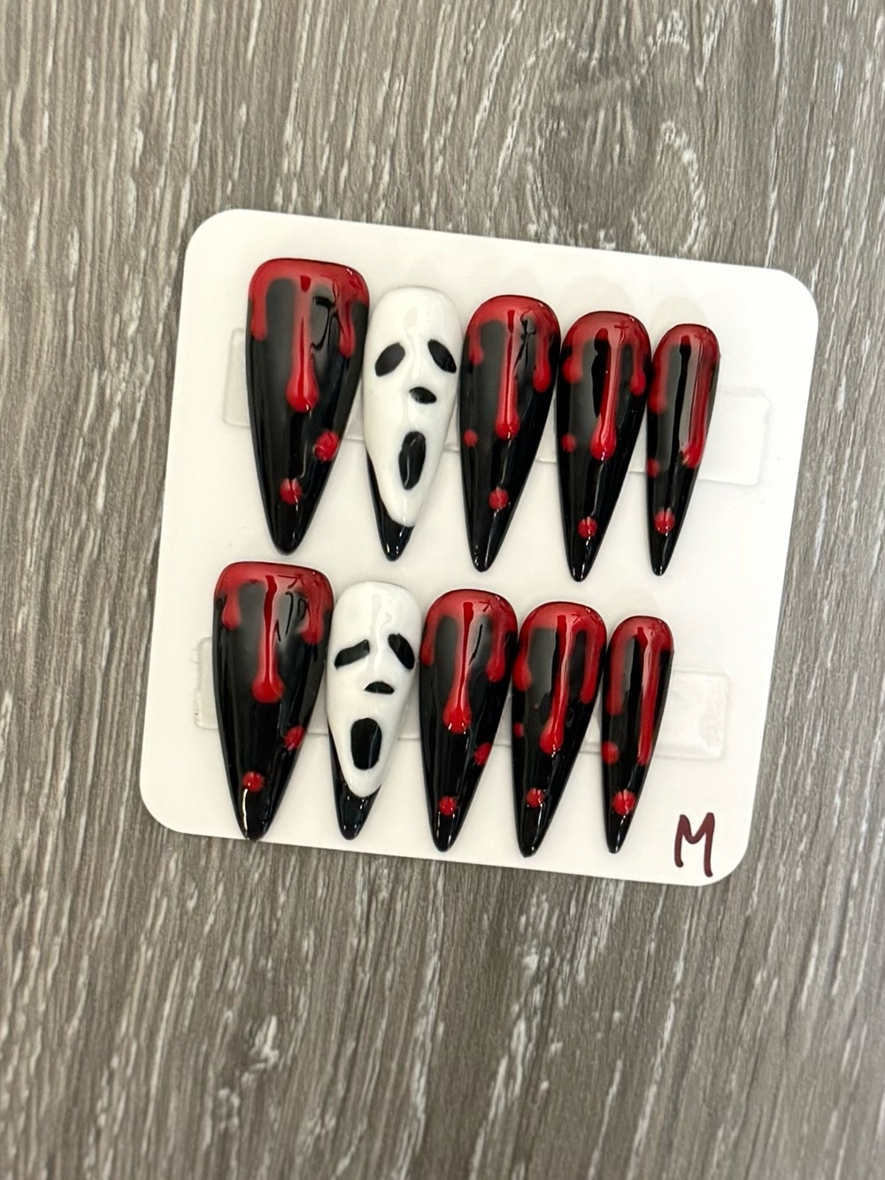 Red & Black Drip Ghost face Stiletto Press-On Nails with White Accent